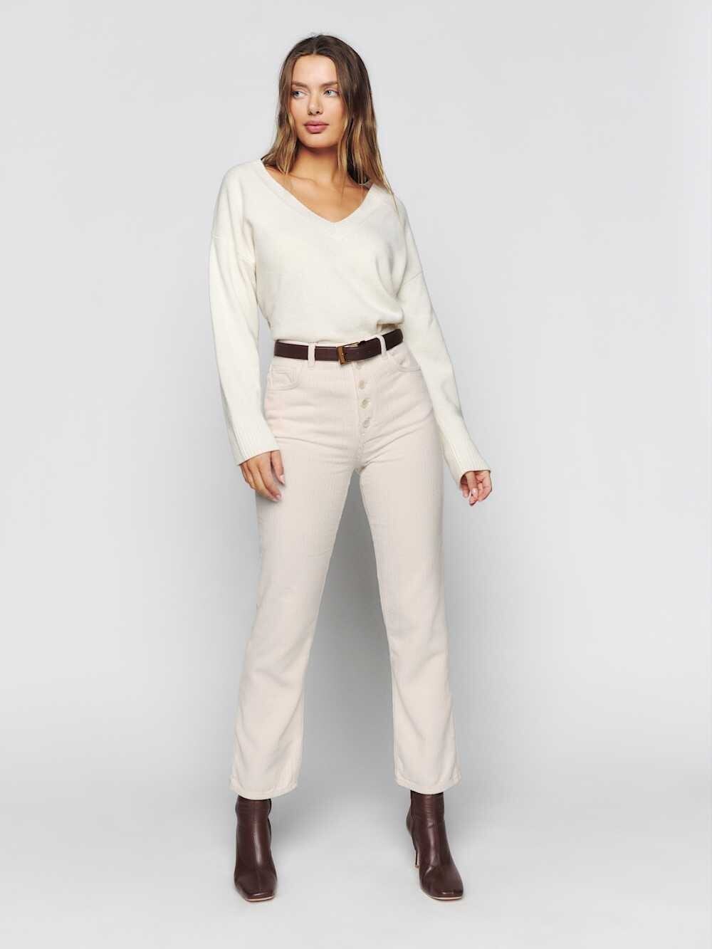 Reformation 100% Cotton Cream Cynthia High Rise Corduroy Straight Pants Size 23